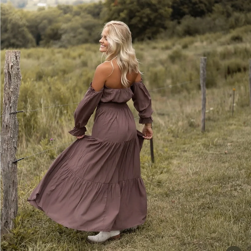 Nwt brown Off-Shoulder Maxi Dress cottage core‎ whimsical - Picture 5 of 15